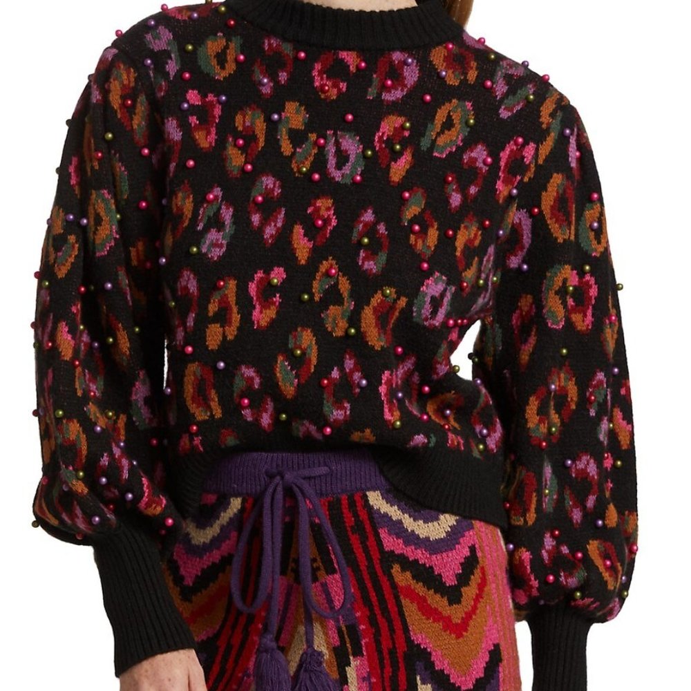 Farm Rio Beaded Leopard Pattern Sweater